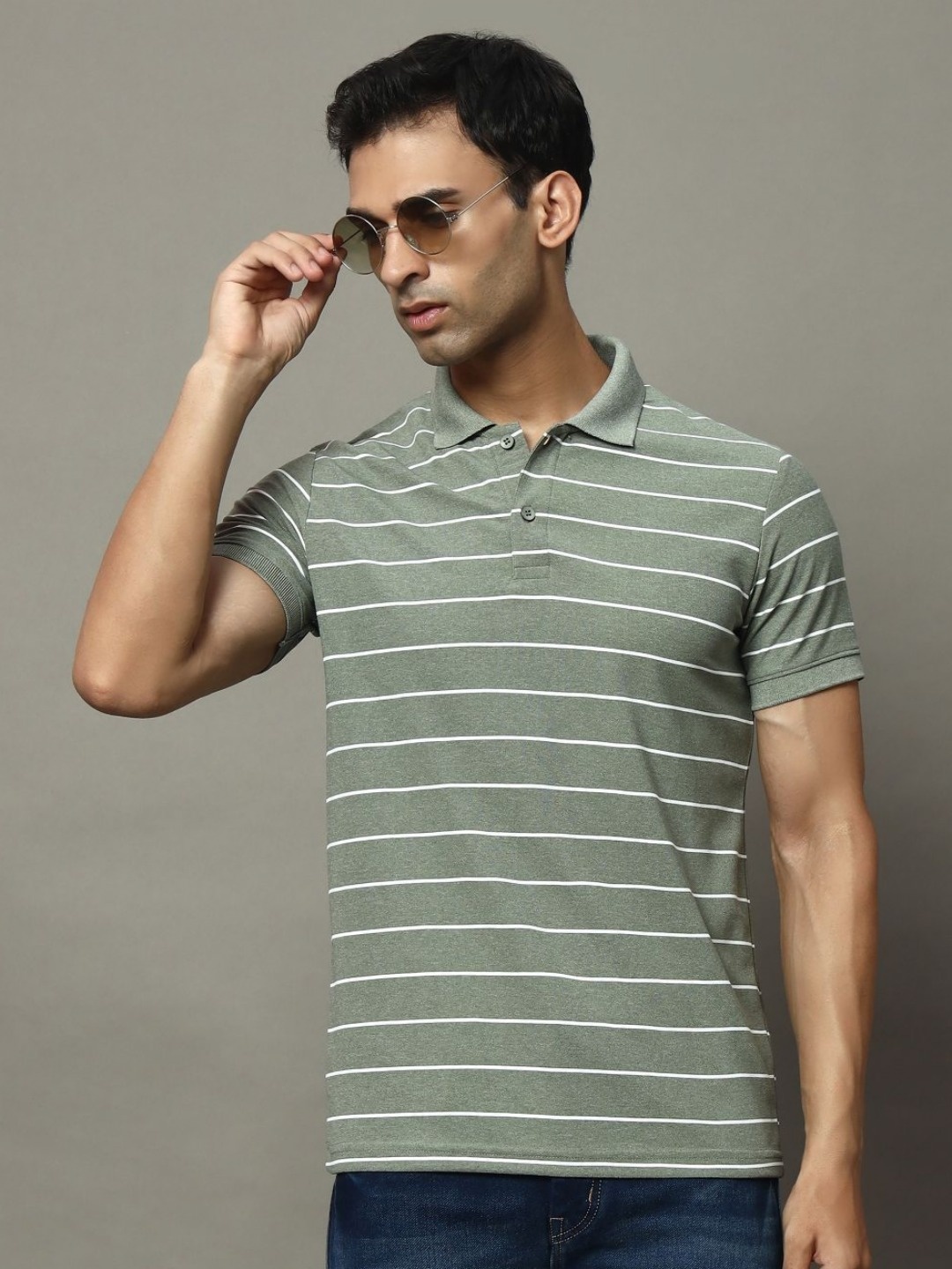 

OGEN Men Striped Polo Collar Pockets T-shirt, Olive