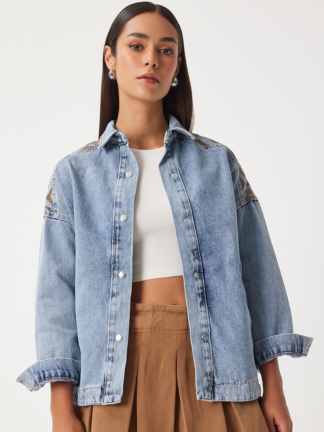 

Happiness istanbul Women Washed Crop Denim Jacket, Na