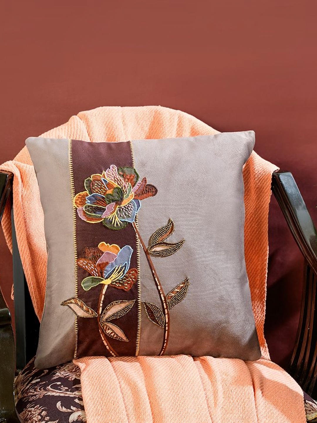 

Mid July Home Infinite Petals Brown & Grey Floral Embellished Velvet Square Cushion Cover