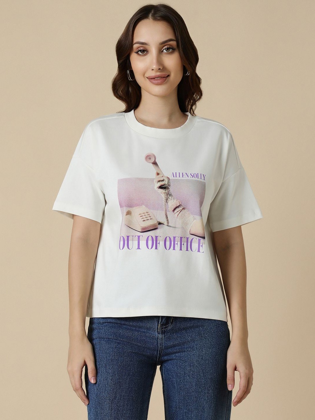 

Allen Solly Woman Women Printed Extended Sleeves Raw Edge T-shirt, White