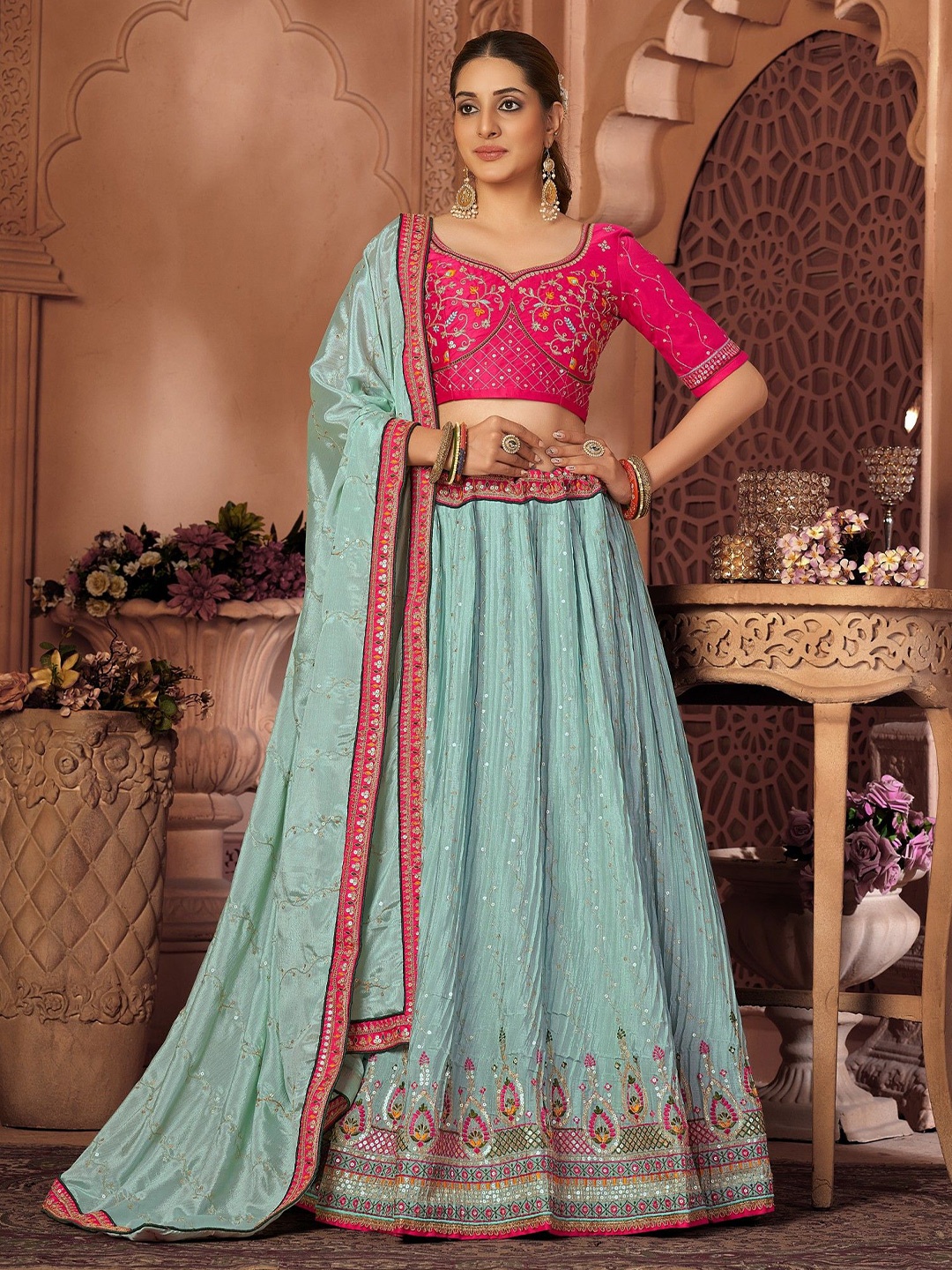 

VARNI FABRICS Embroidered Sequinned Semi-Stitched Lehenga & Unstitched Blouse With Dupatta, Green