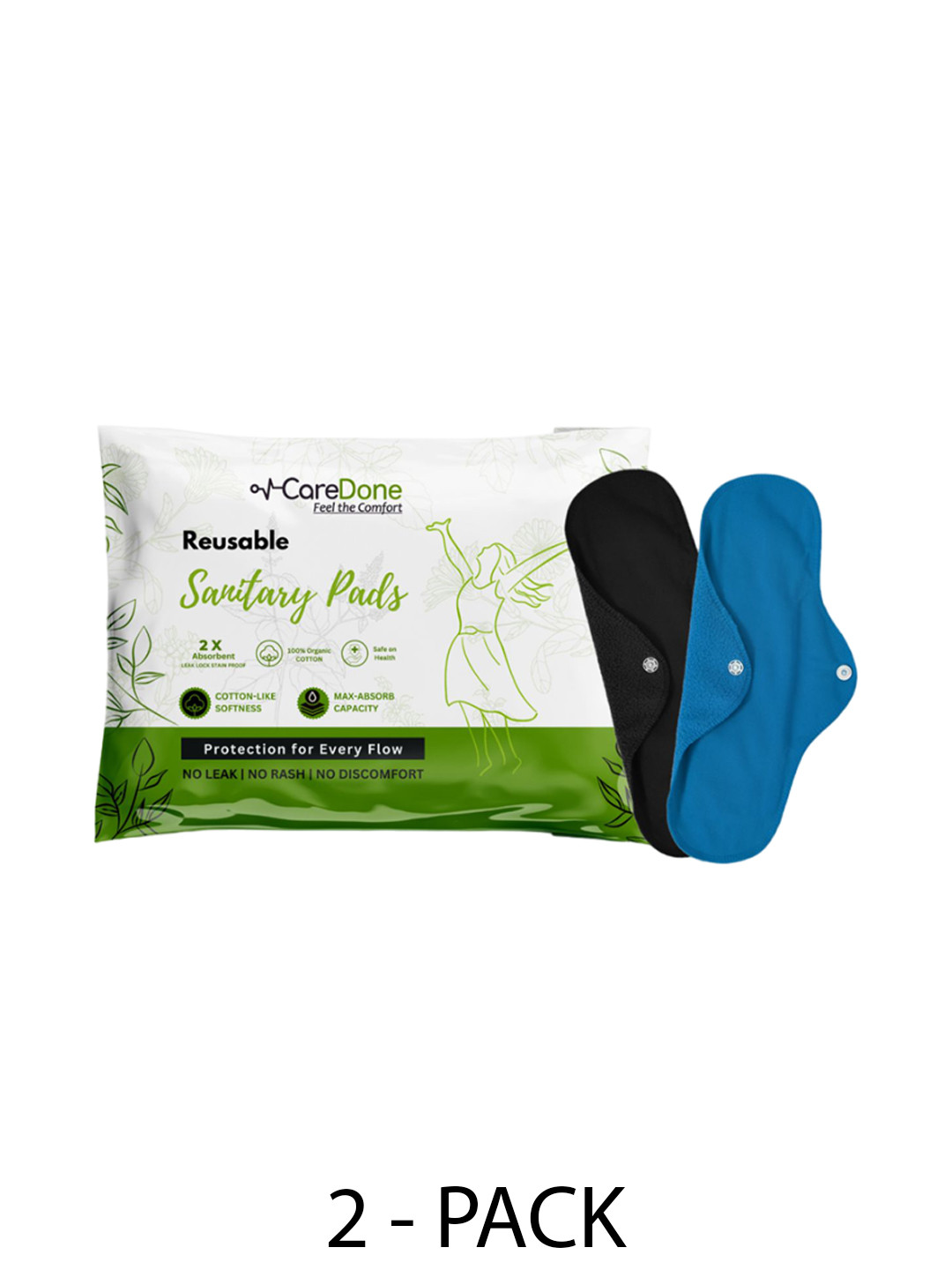 

CareDone Set Of 2 Reusable 100% Organic Cotton Sanitary Cloth Pads - XL, Blue