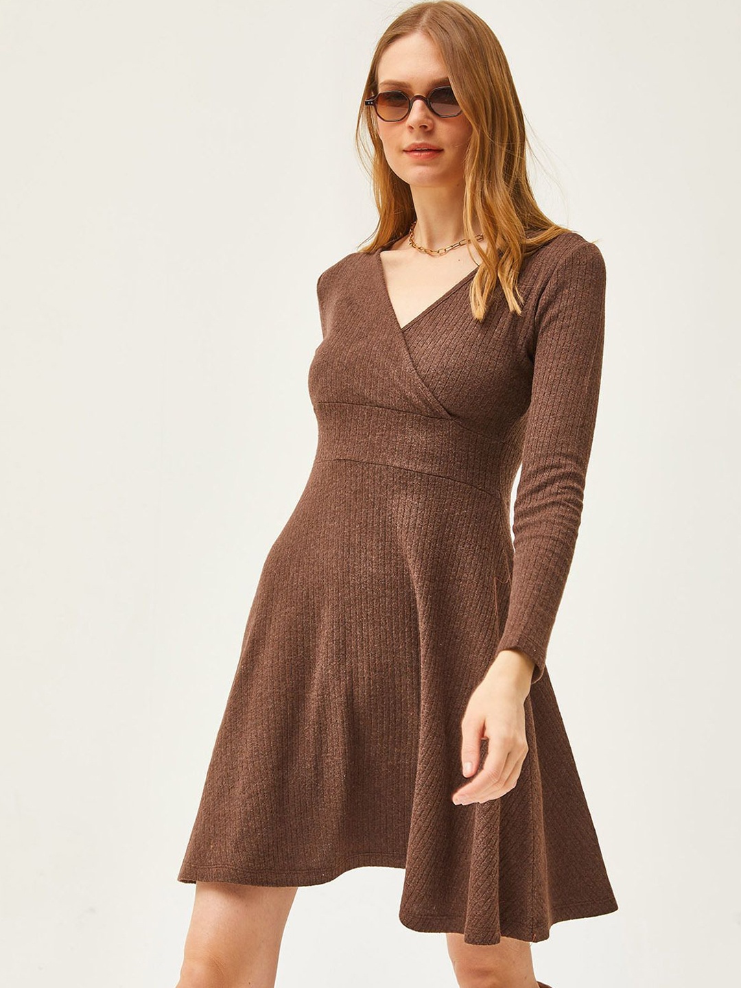 

Olalook Women Solid Fit & Flare Dress, Coffee brown