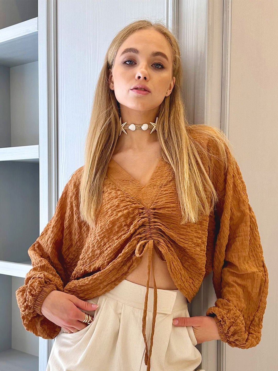 

Trend Alacati stili Puff Sleeve Cotton Top, Na