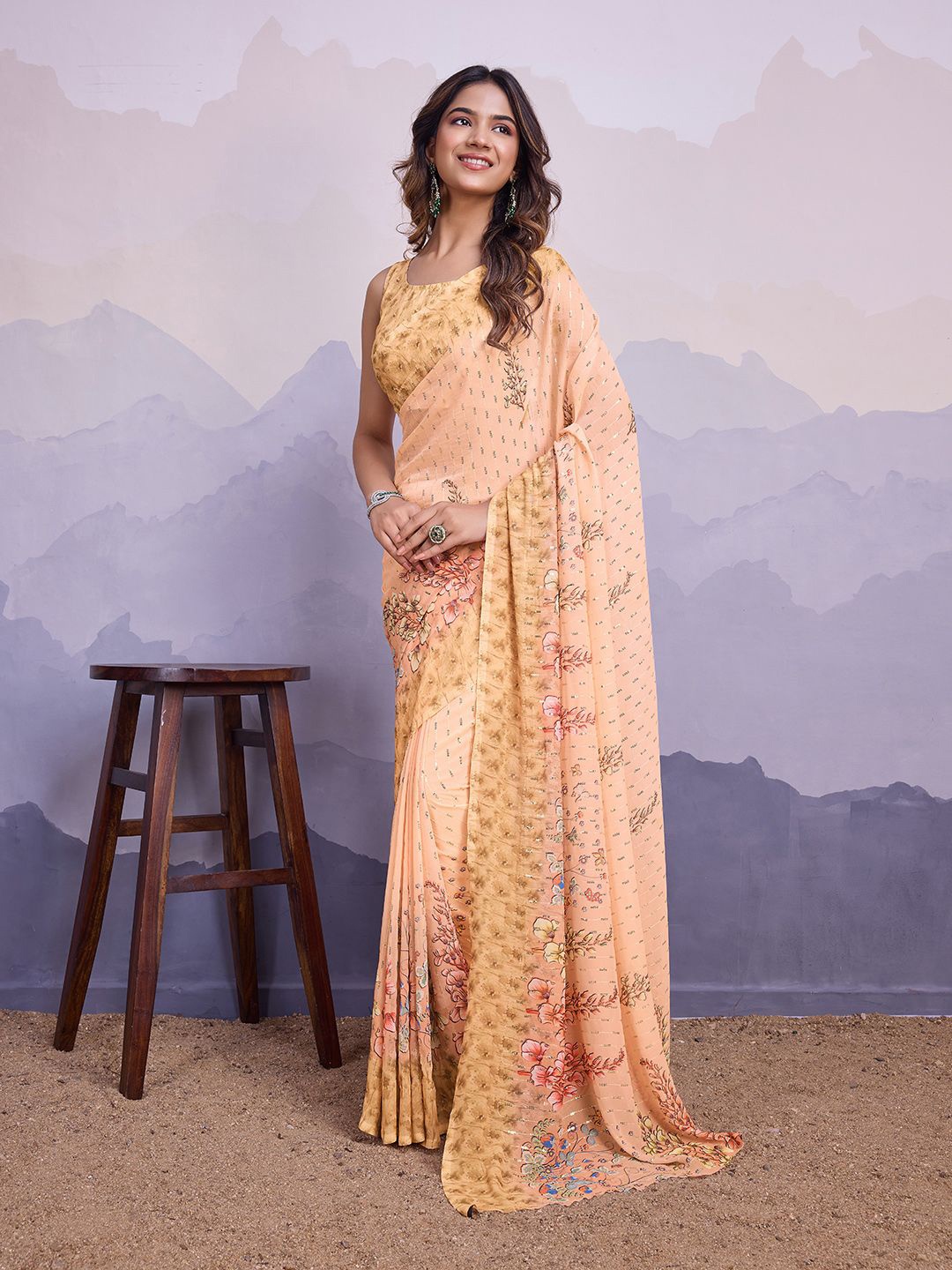 

all about you Embellished Sequinned Poly Chiffon Saree, Peach