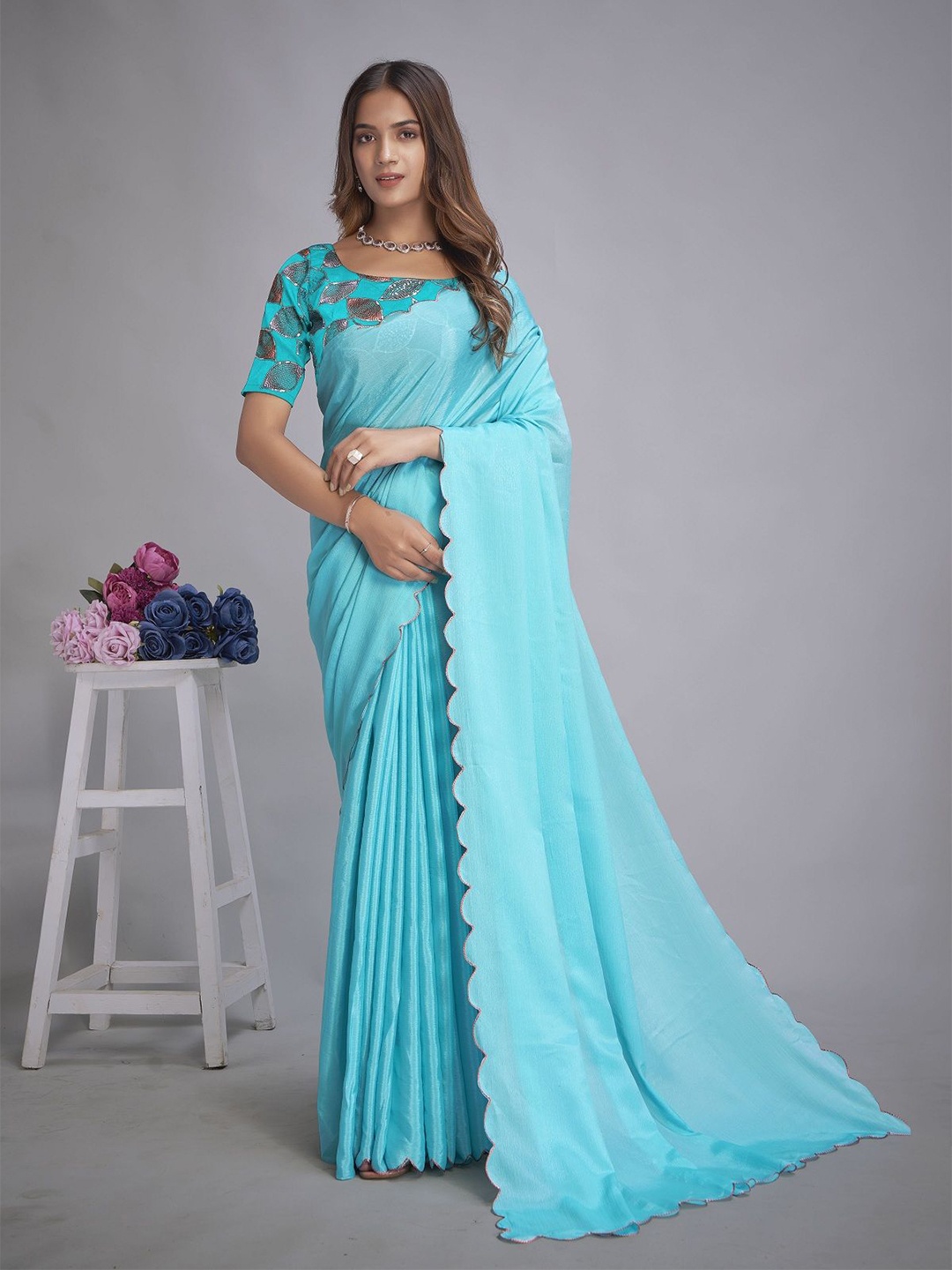 

Aika Zari Pure Chiffon Saree, Turquoise blue