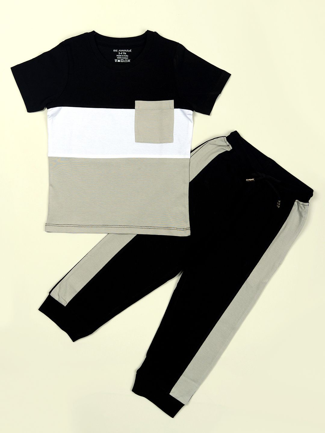 

BE AWARA Boys Colourblocked Pure Cotton T-shirt With Joggers, Black