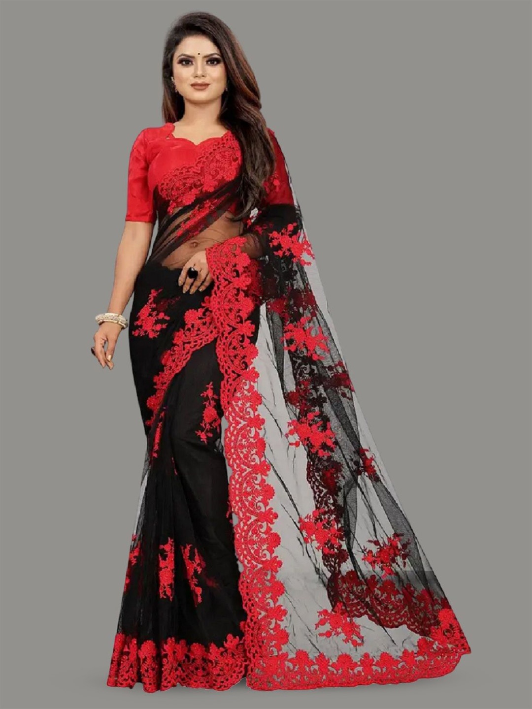 

Aika Solid Embroidered Net Saree With Blouse Piece, Black
