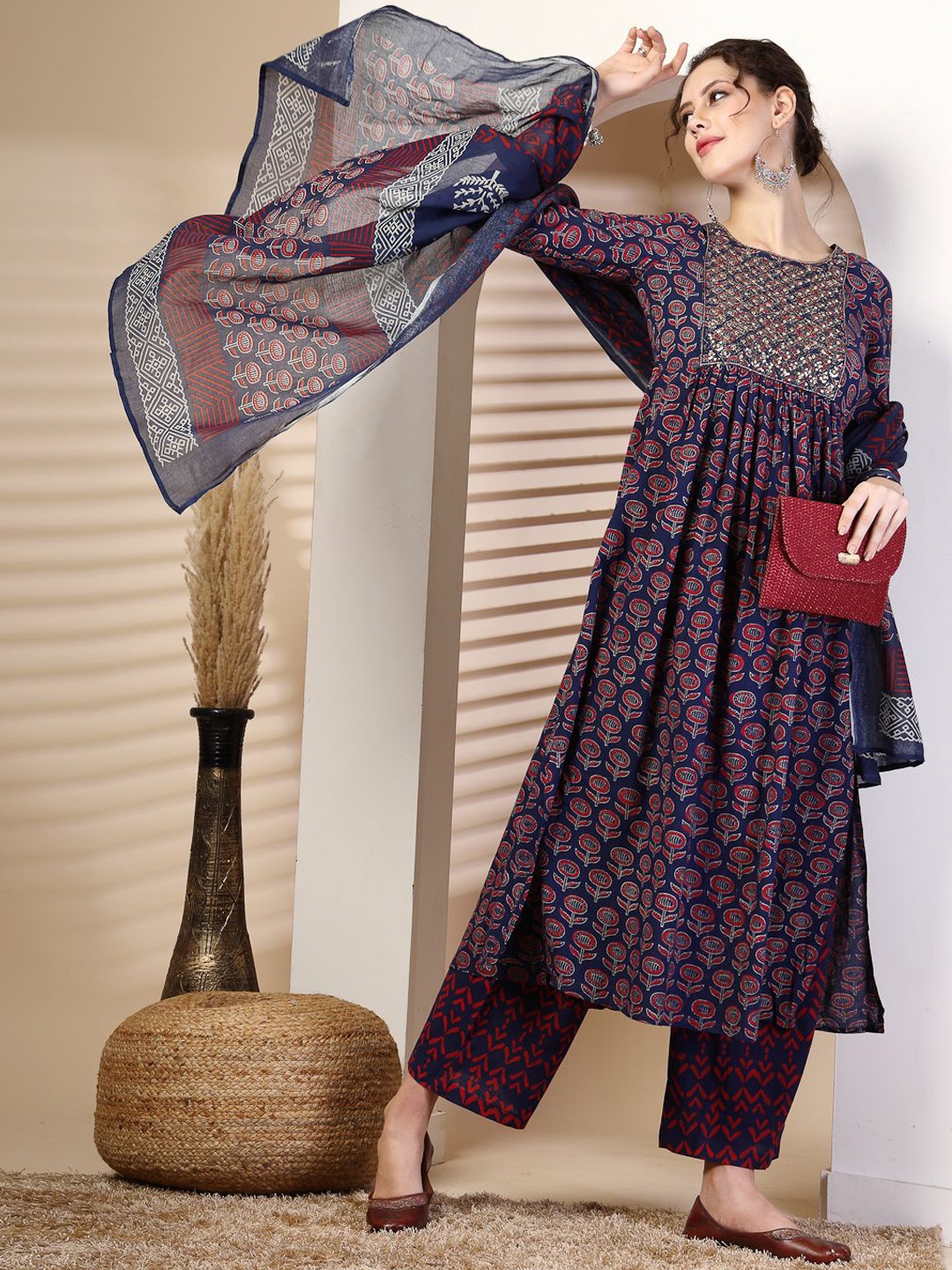 

GULMOHAR JAIPUR Floral Embroidered Sequinned Pure Cotton Kurta With Palazzos & Dupatta, Blue