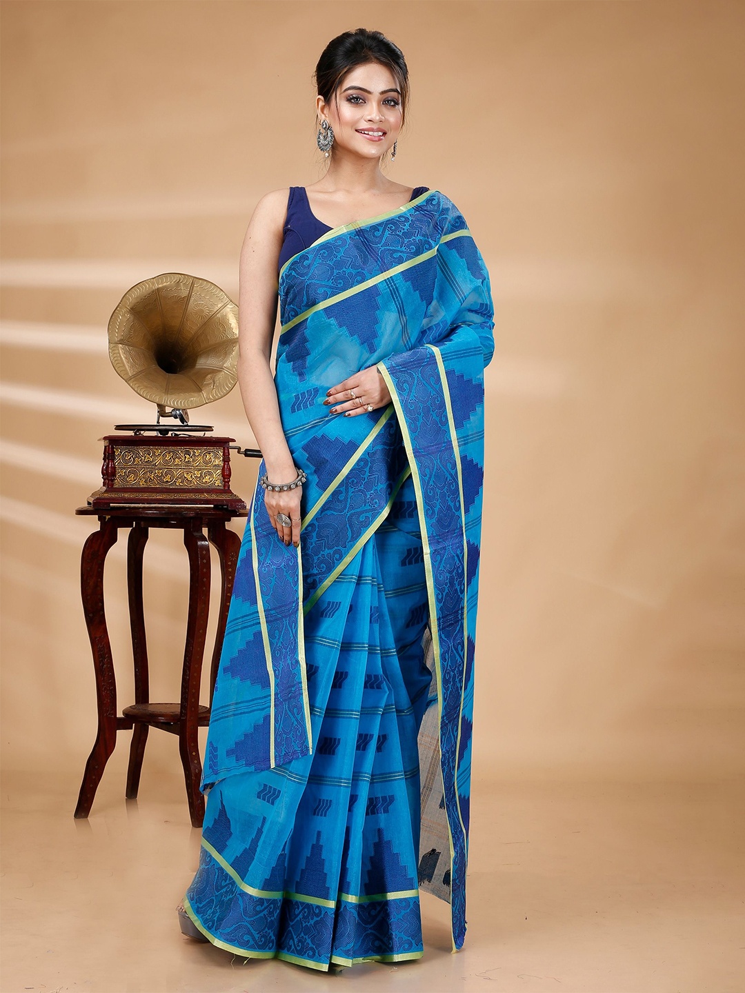 

PuJoy Pure Cotton Taant Saree, Blue