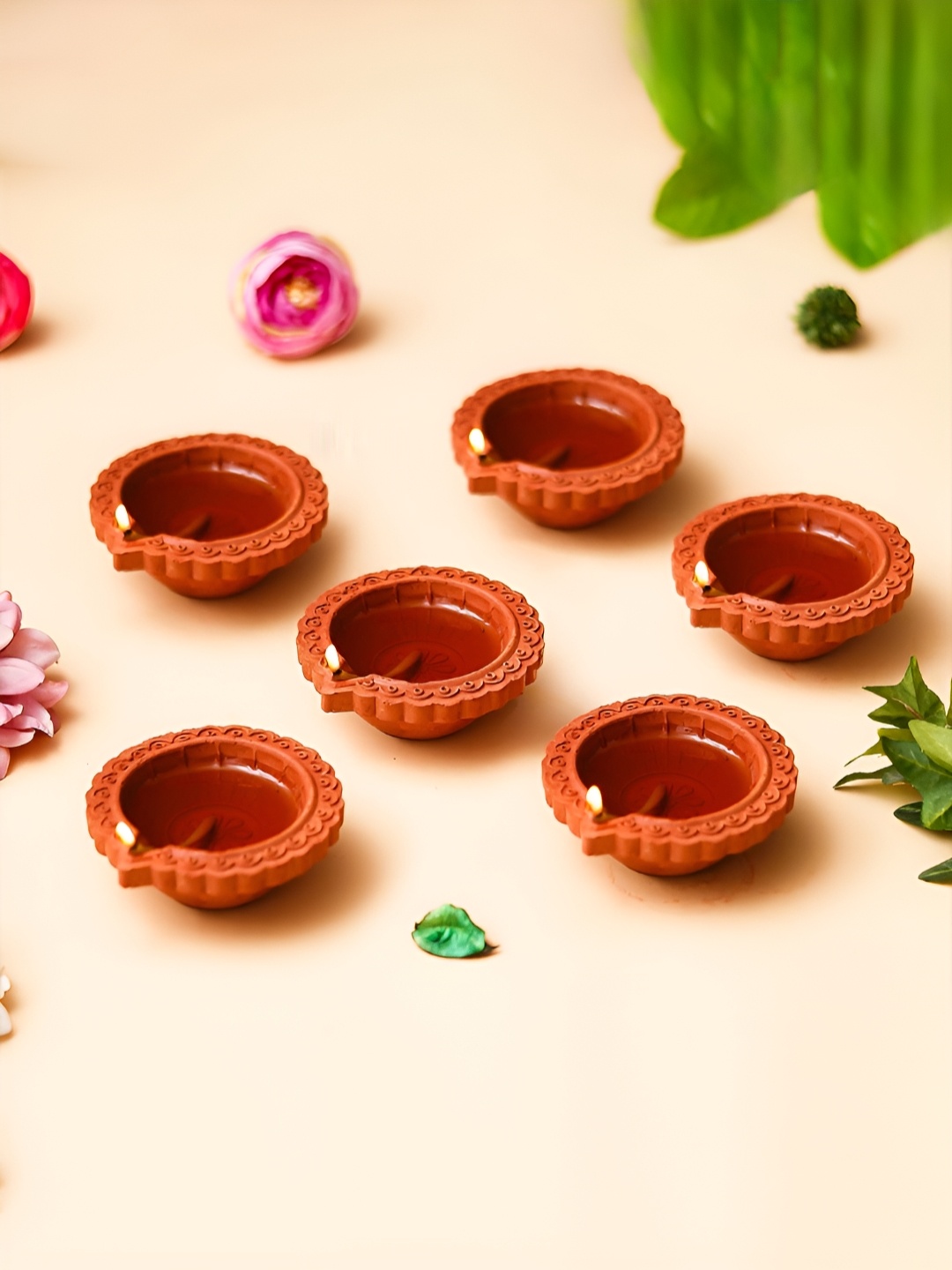 

eCraftIndia Brown 6 Pieces Textured Pooja Diyas