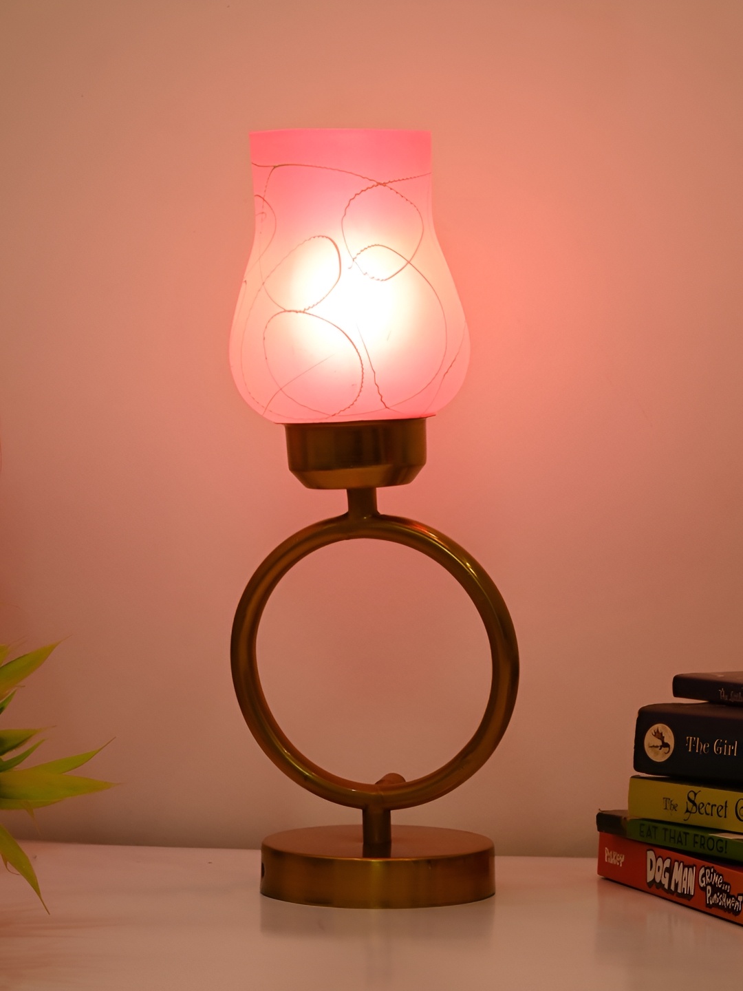 

Afast Pink & Gold Toned Printed Traditional Bell Shaped Glass Table Lamp
