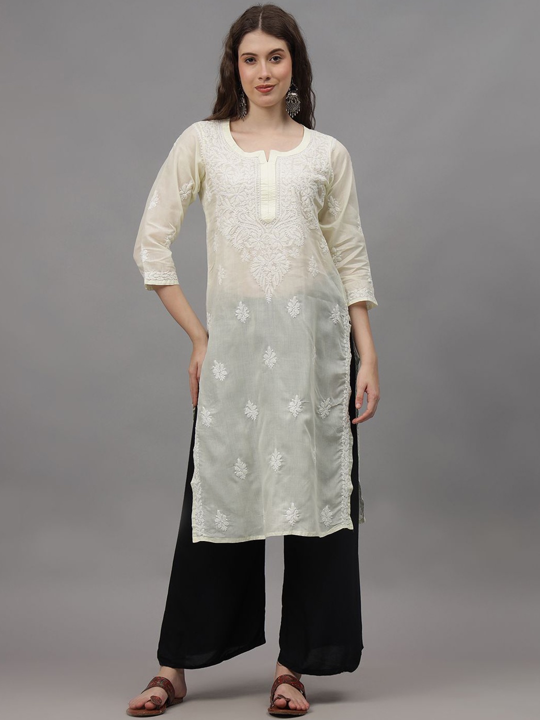 

Seva Chikan Ethnic Motifs Embroidered Chikankari Straight Kurta, Yellow