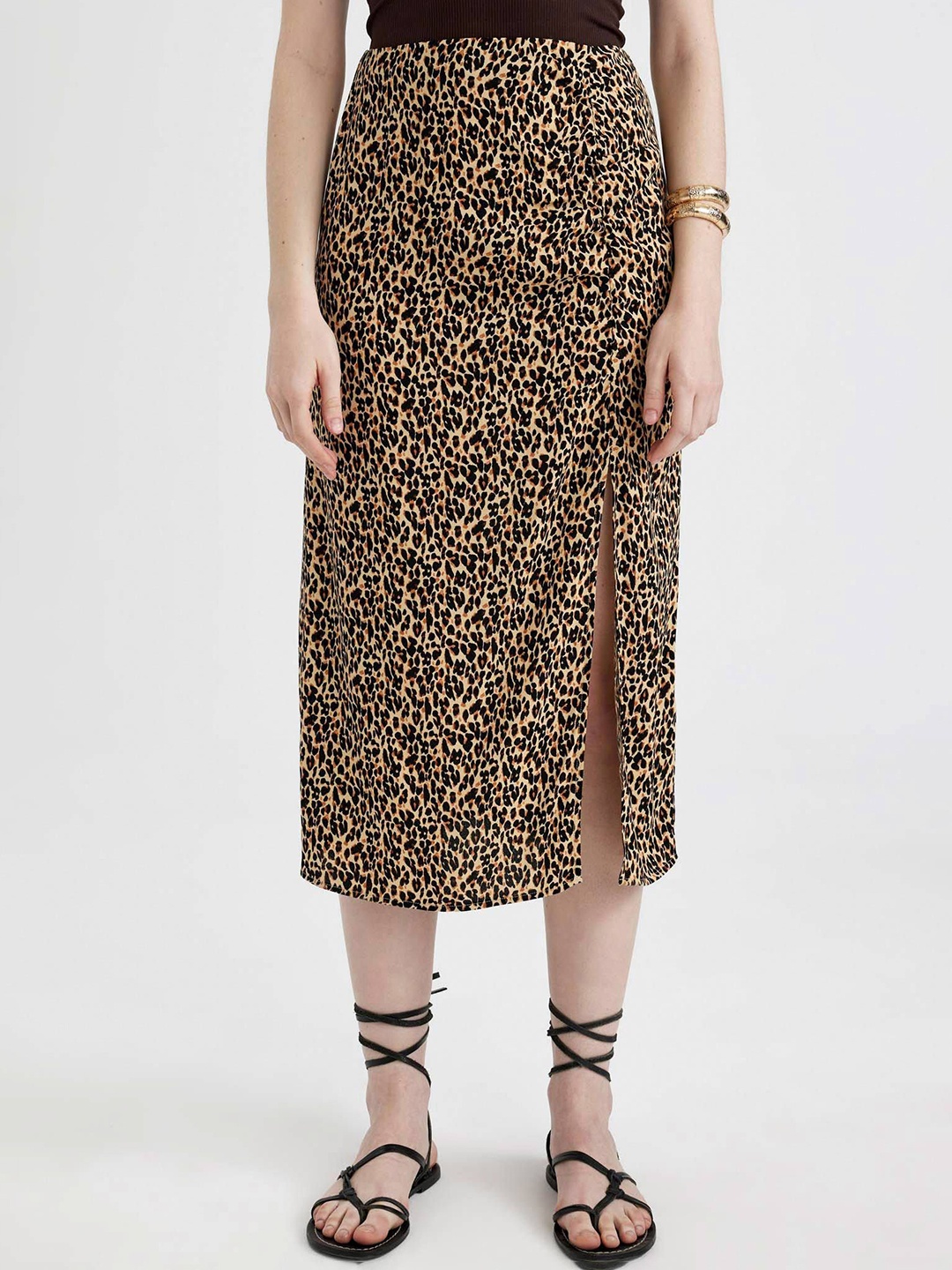 

DeFacto Animal Printed Straight Midi Skirt, Beige