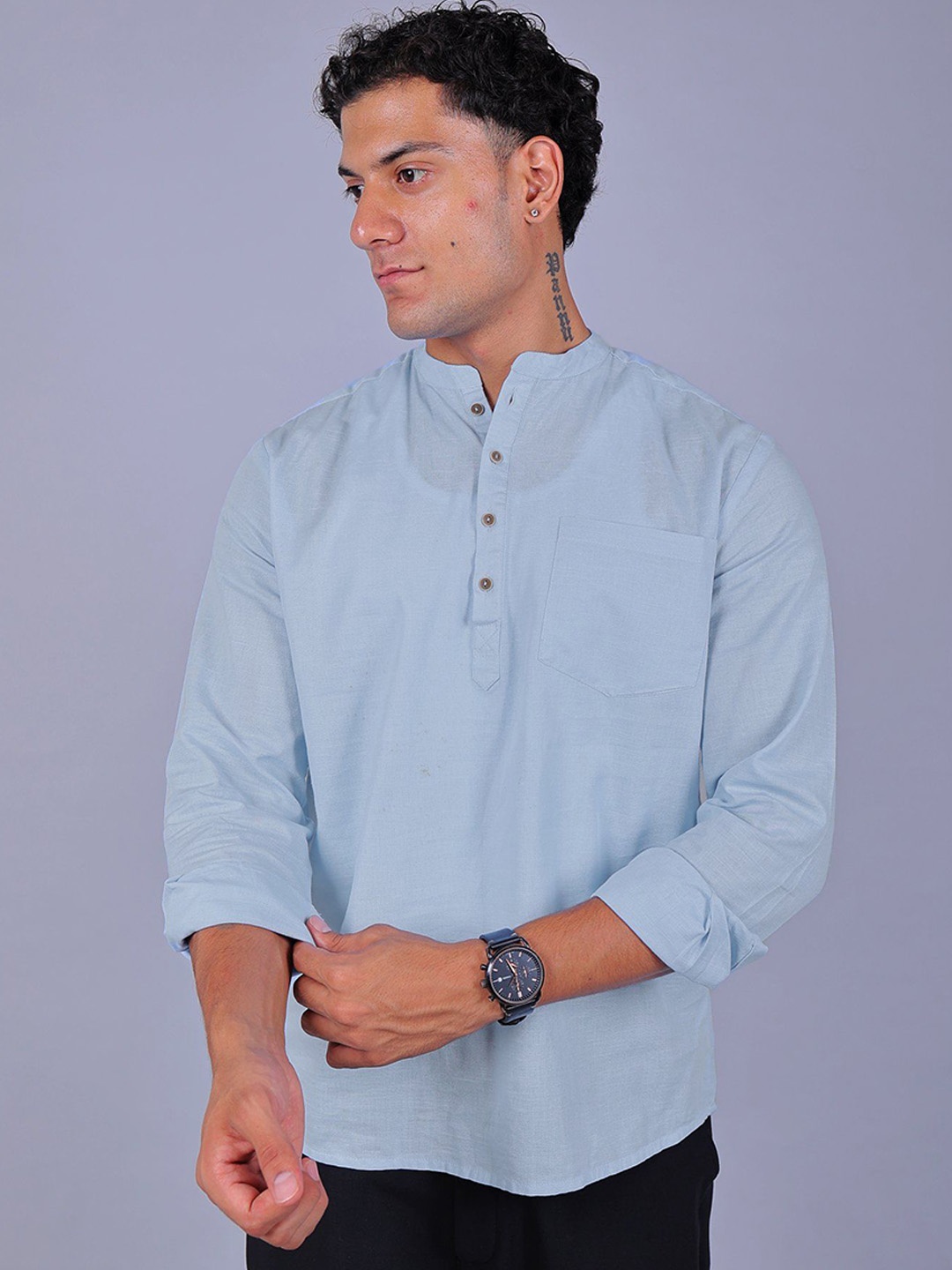 

BLUEBIRD Mandarin Collar Pure Cotton Kurta, Blue