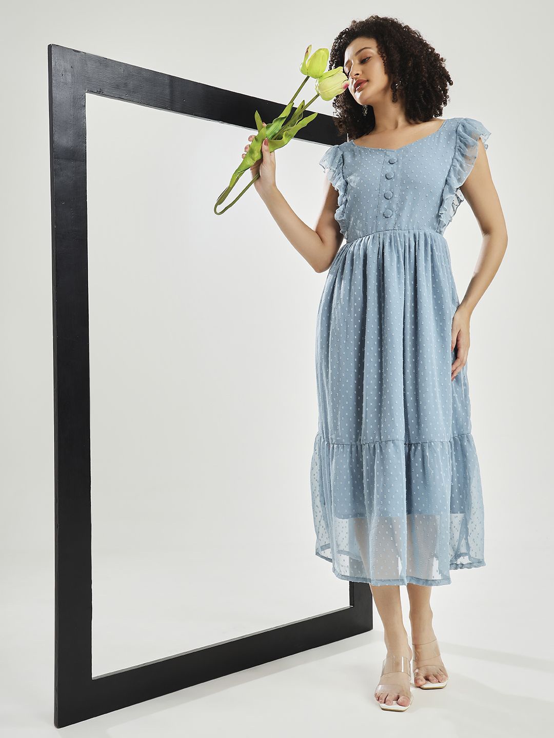 

CARTYSHOP Self Design Georgette Flutter Sleeves Fit & Flare Midi Dress, Grey