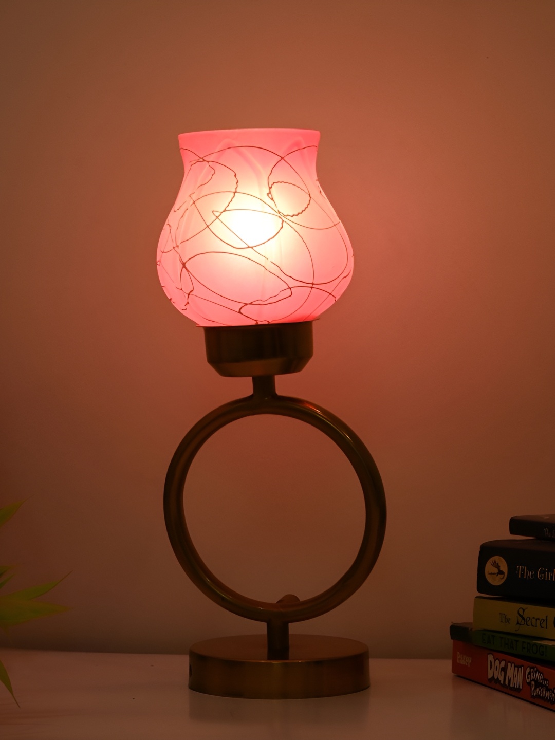 

Afast Pink & Gold Toned Printed Traditional Bell Shaped Glass Table Lamp