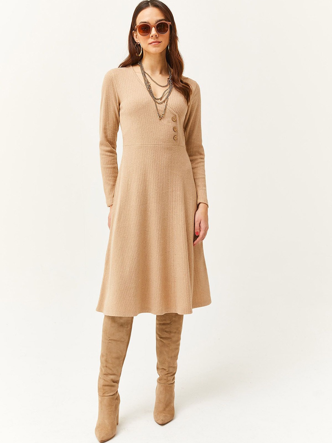 

Olalook V-Neck Solid A-Line Dress, Beige