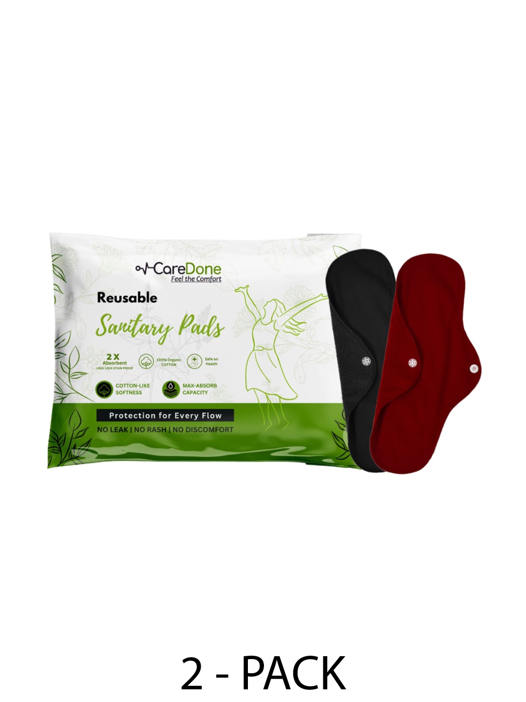 

CareDone Set Of 2 Reusable 100% Organic Cotton Sanitary Cloth Pads - XL, Black