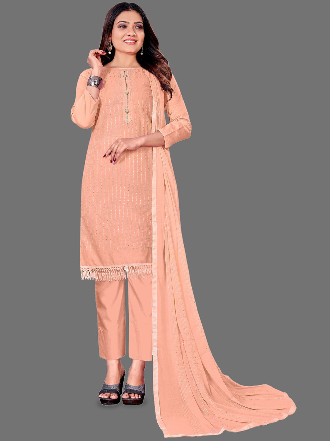 

Aika Striped Embroidered Sequinned Unstitched Dress Material, Peach