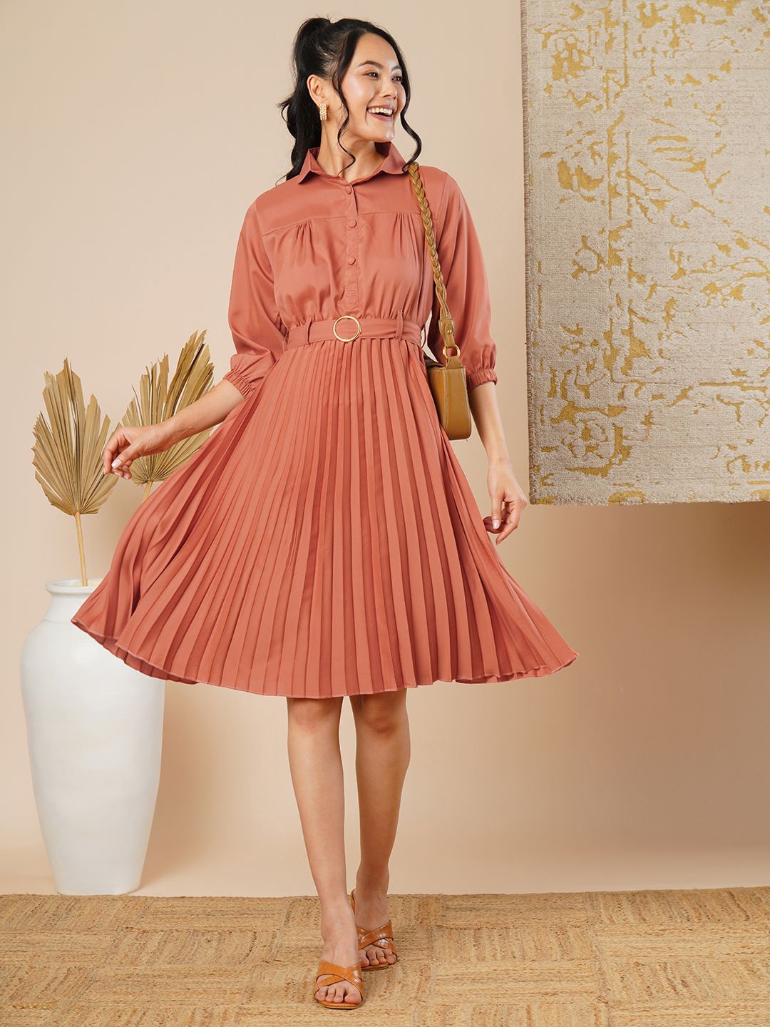 

CARTYSHOP Puff Sleeve Crepe Fit & Flare Midi Dress, Rust