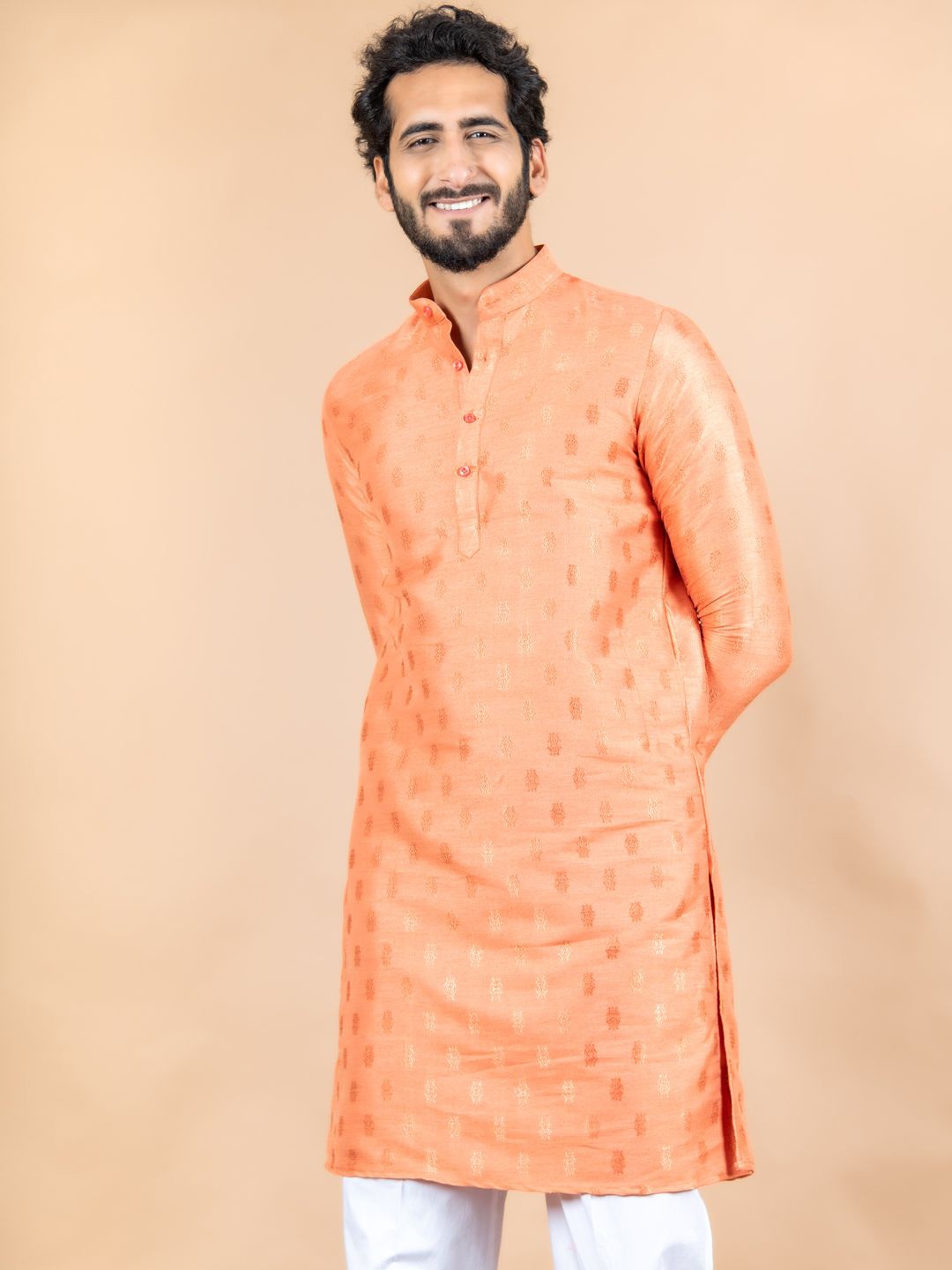 

Tistabene Ethnic Motifs Woven Design Mandarin Collar Cotton Silk Straight Kurta, Orange