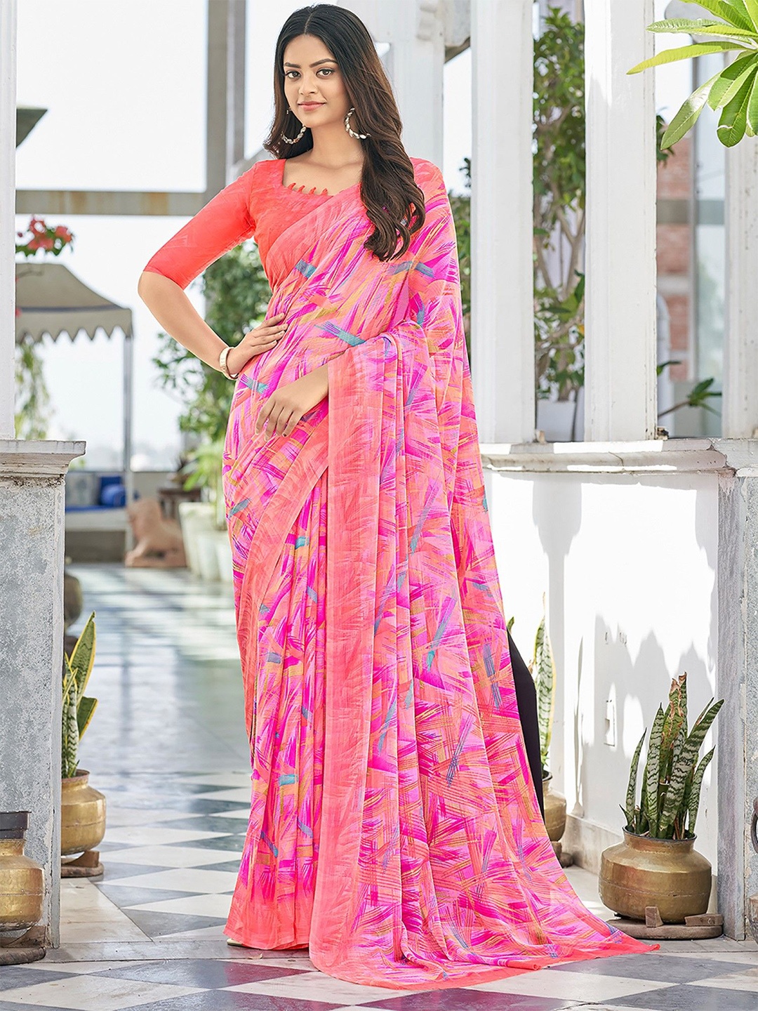 

Panzora Poly Chiffon Saree, Pink