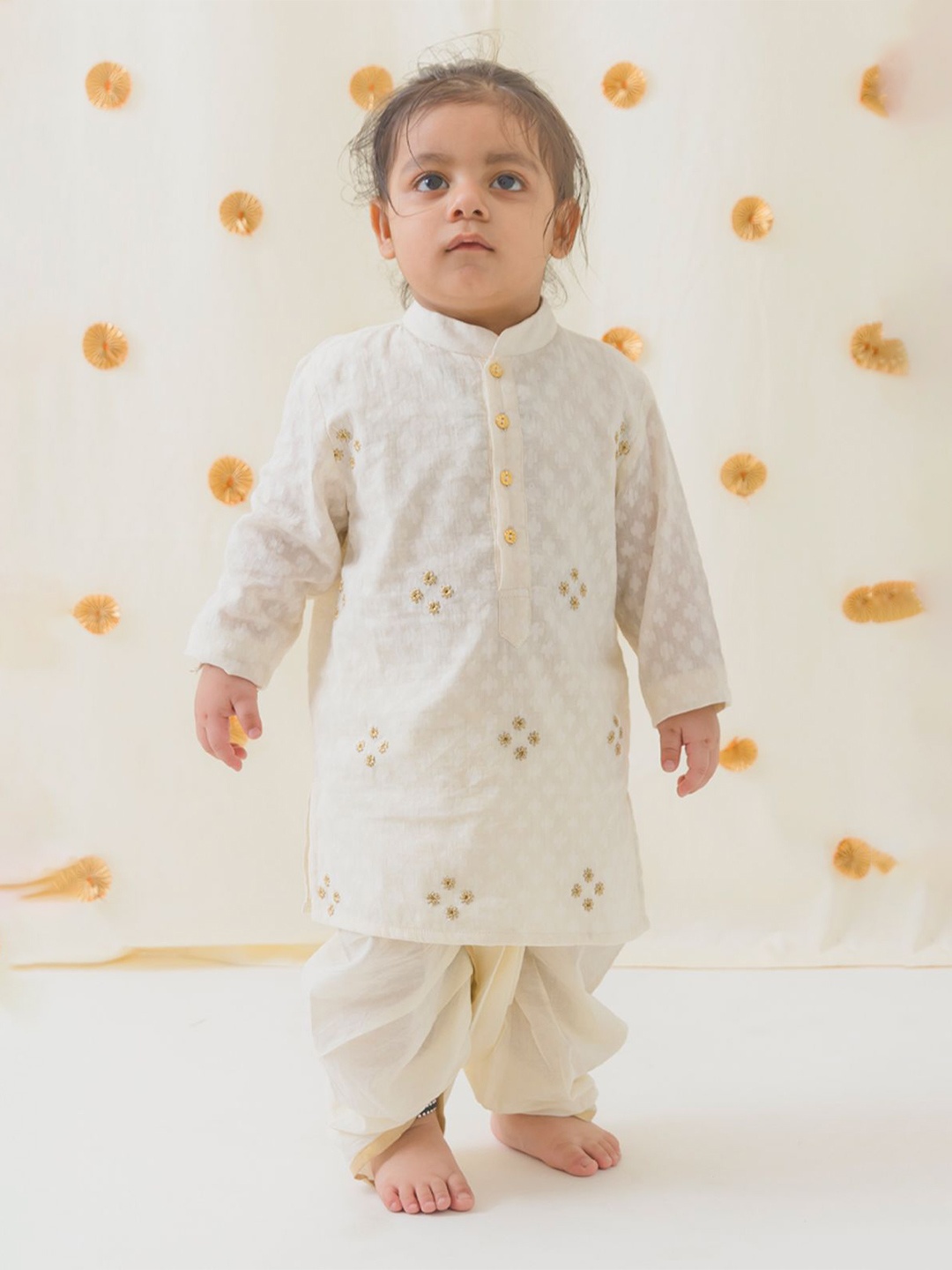 

Tiber Taber Boys Floral Embroidered Pure Cotton Kurta with Dhoti Pants, Cream