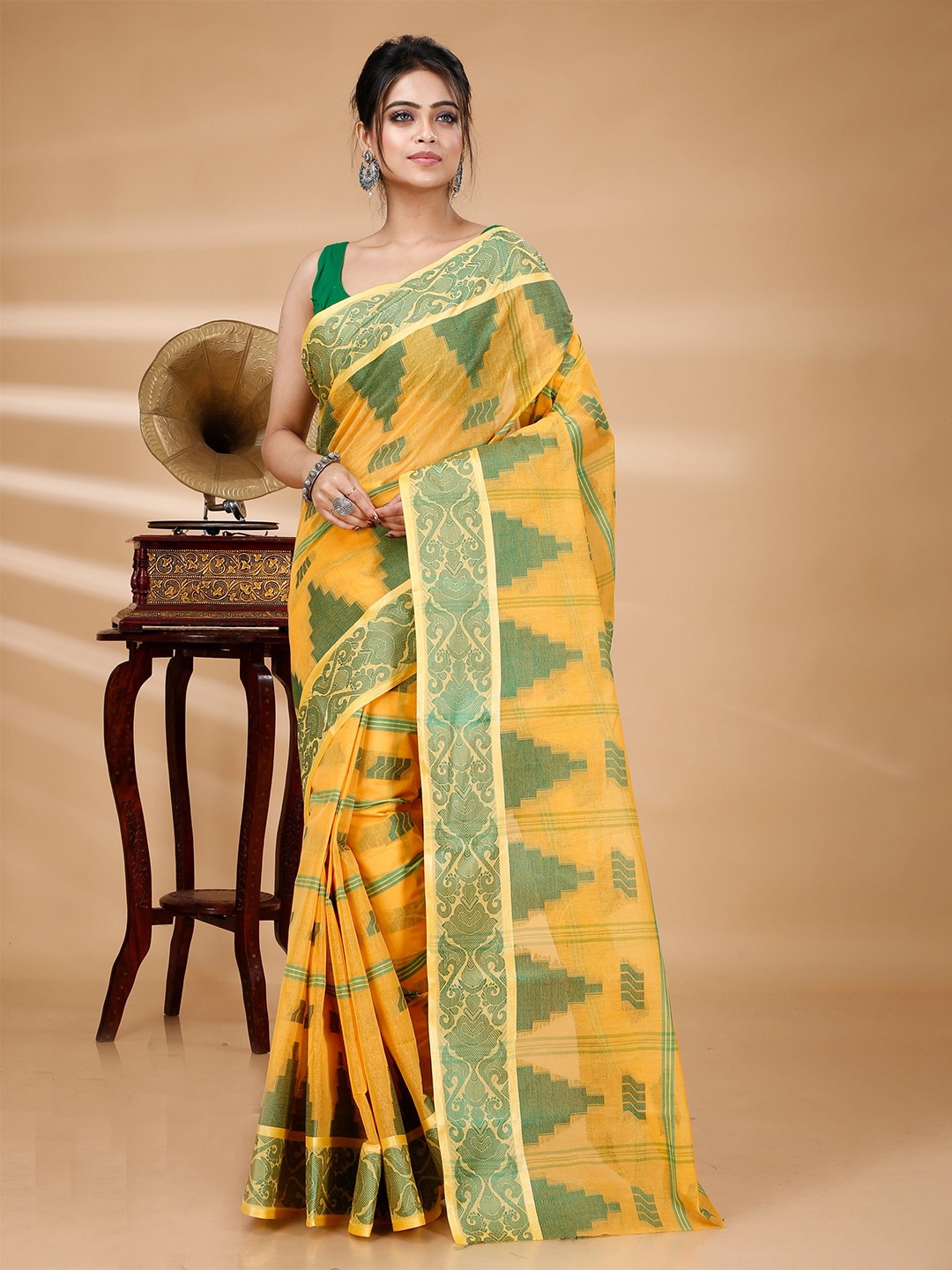 

PuJoy Woven Design Zari Pure Cotton Taant Saree, Yellow