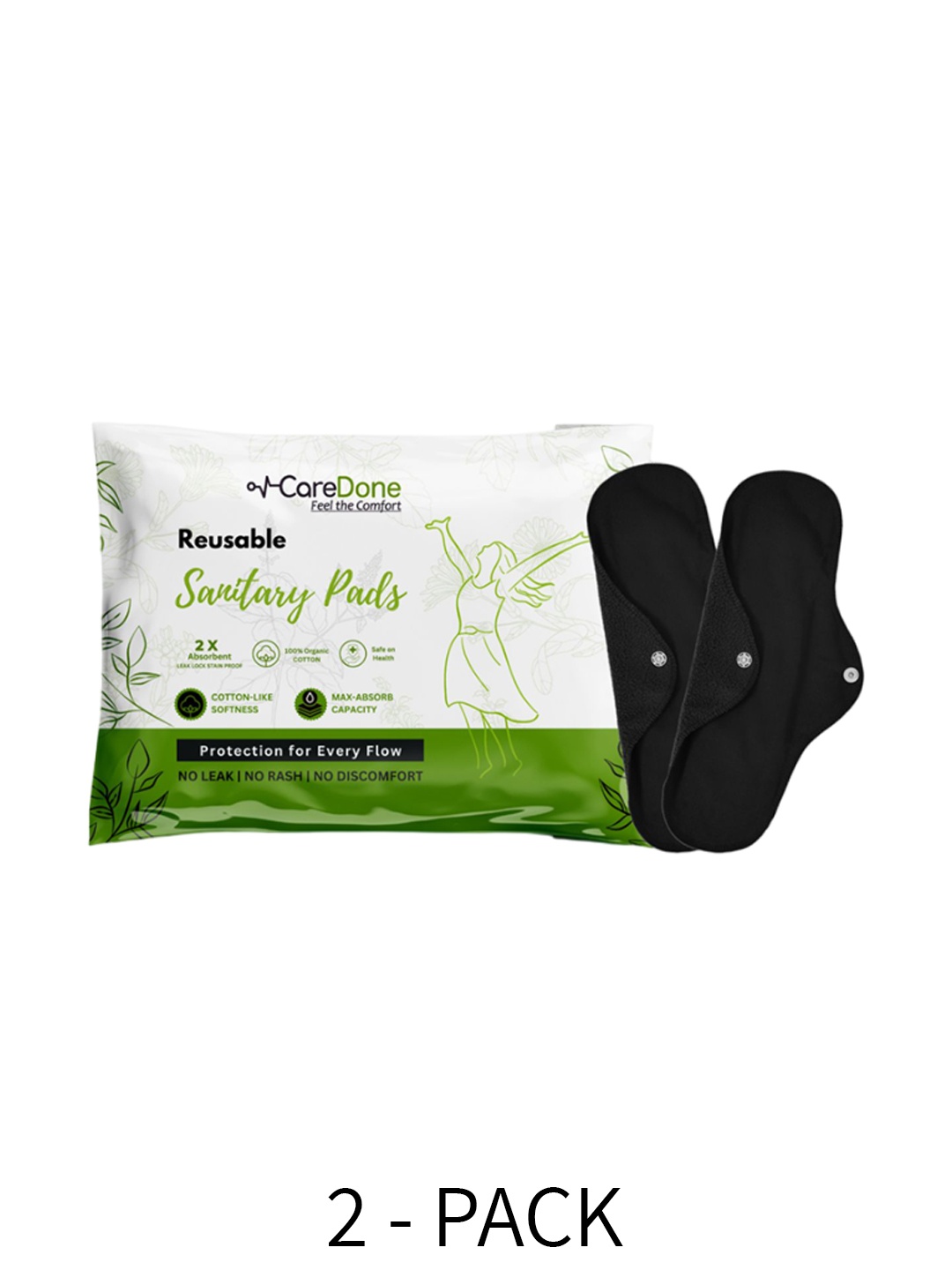 

CareDone Set Of 2 Reusable 100% Organic Cotton Sanitary Cloth Pads - XL, Black