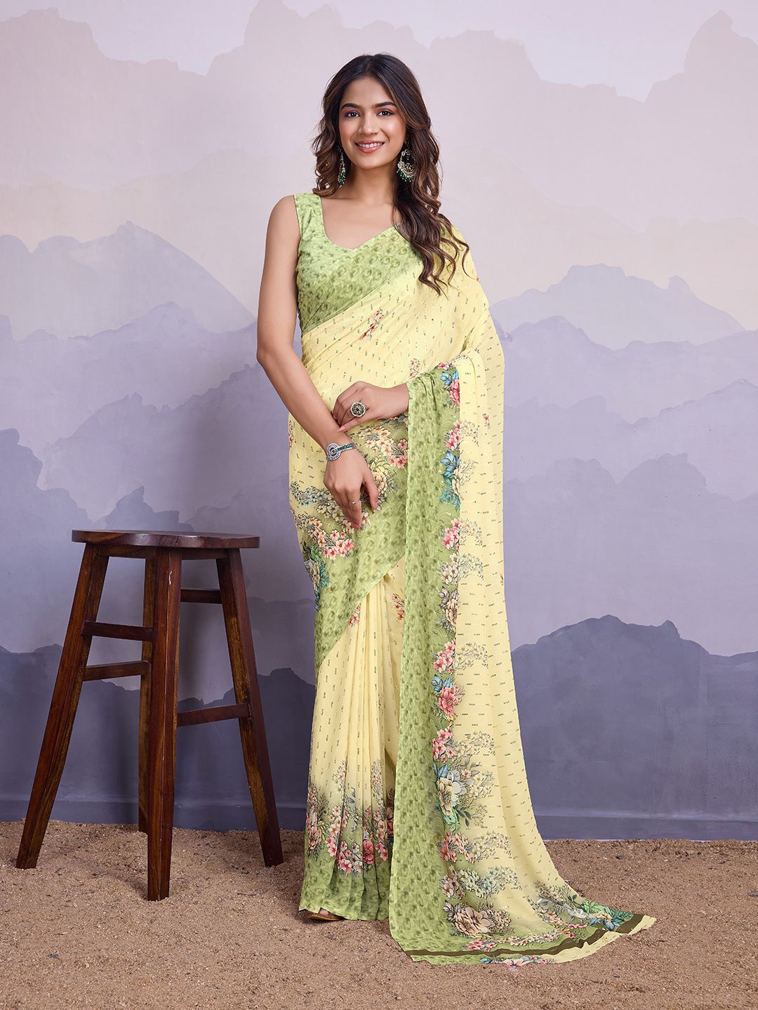 

all about you Floral Sequinned Poly Chiffon Saree, Yellow