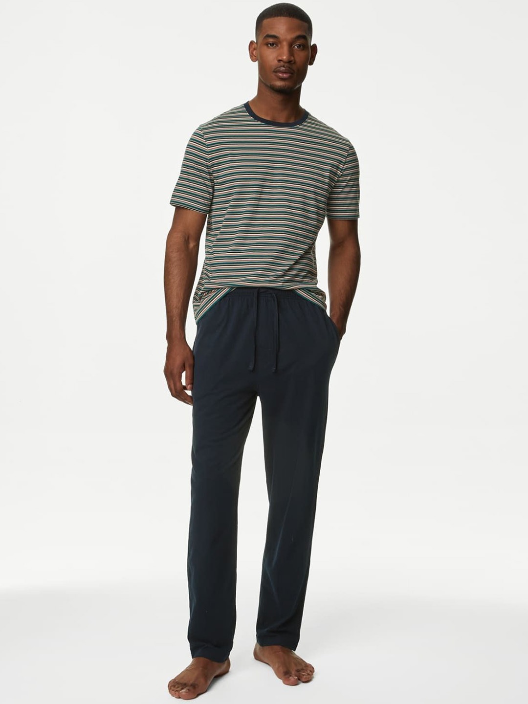 

Marks & Spencer Men Pure Cotton Striped Night suit, Navy blue