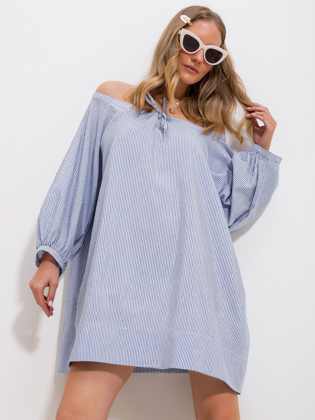 

Trend Alacati stili Off Shoulder Mini A-Line Striped Dress, Blue