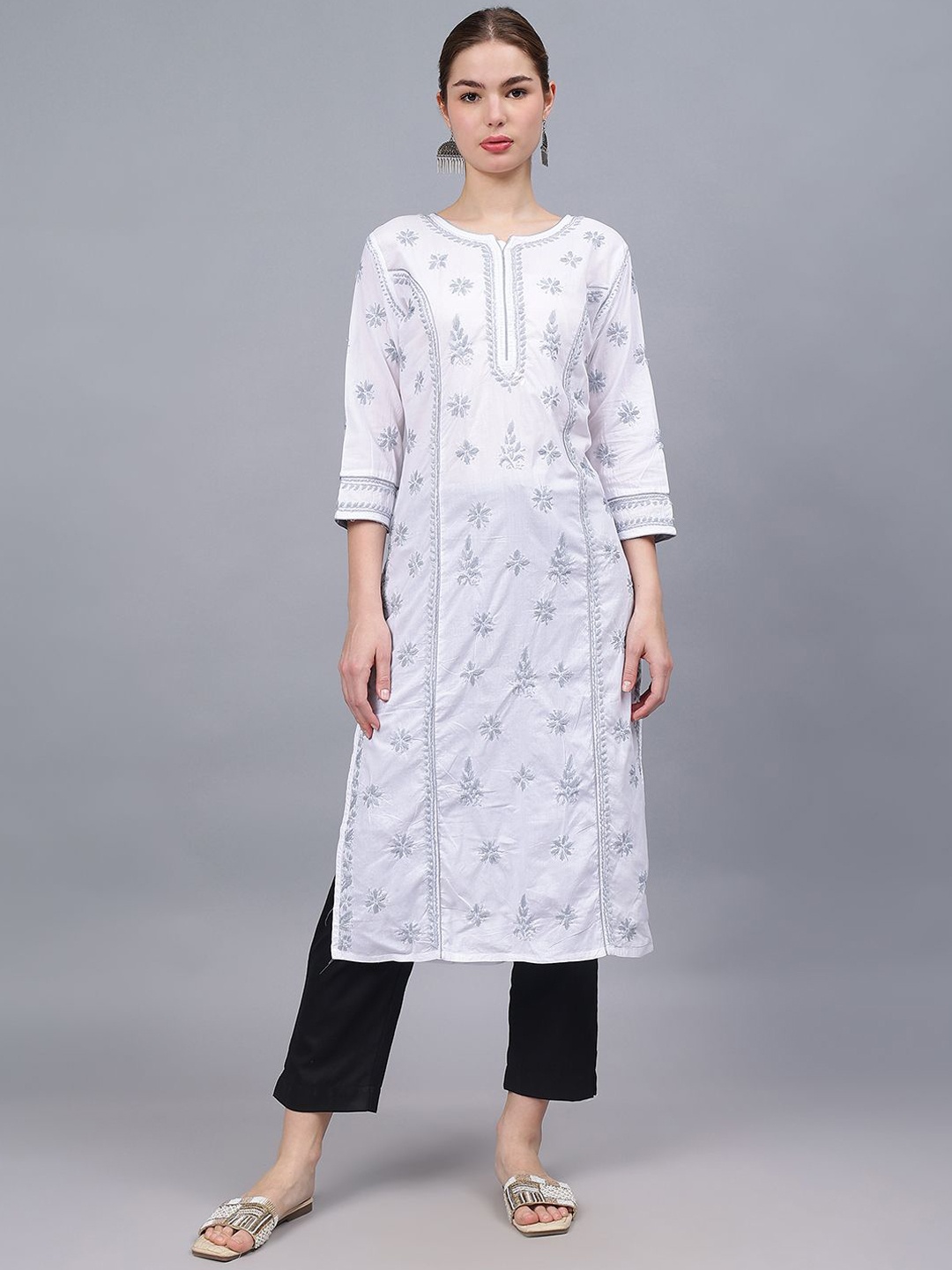 

Seva Chikan Ethnic Motifs Embroidered Chikankari Cotton Straight Kurta, White