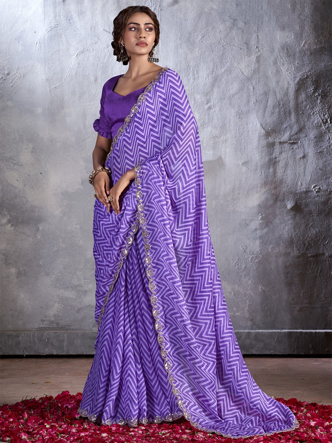 

KALINI Sequinned Poly Chiffon Saree, Purple