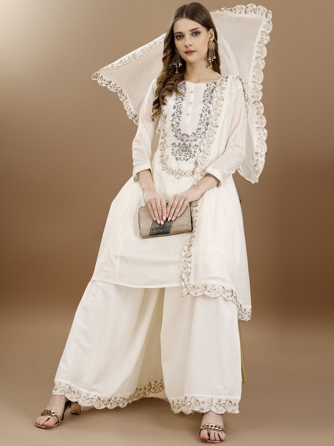 

KUNDAN FAB Floral Embroidered Regular Thread Work Pure Cotton Kurta & Palazzos & Dupatta, White