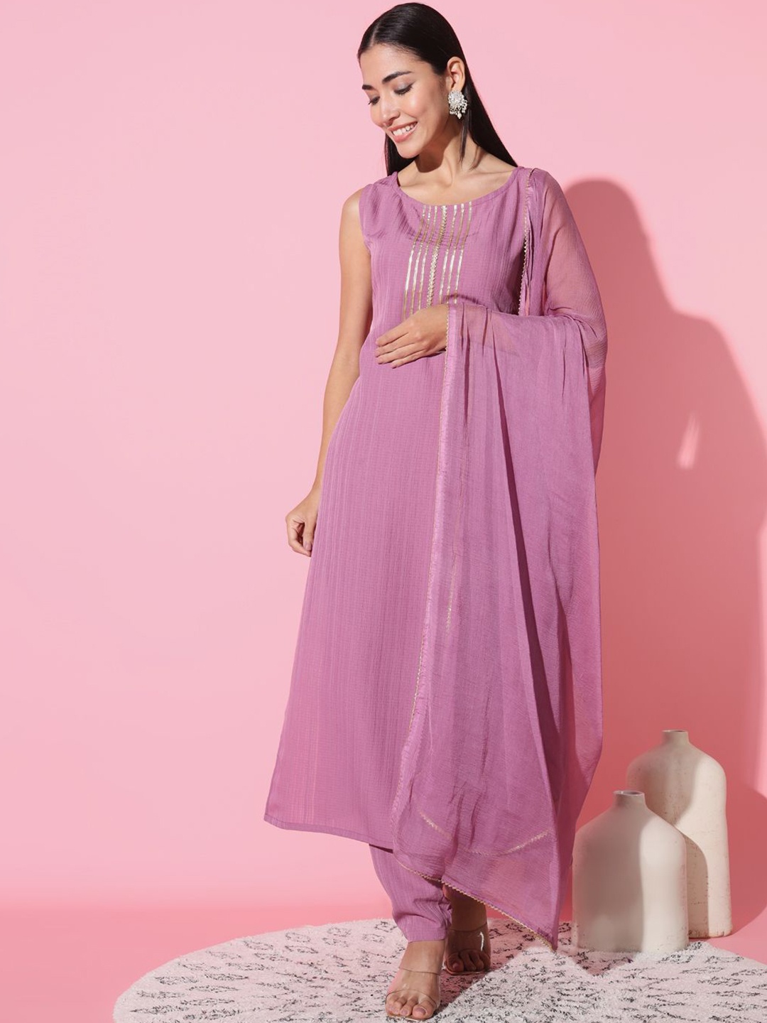 

CaniBani Yoke Design Round Neck Gotta Patti Straight Kurta with Trouser & Dupatta, Mauve