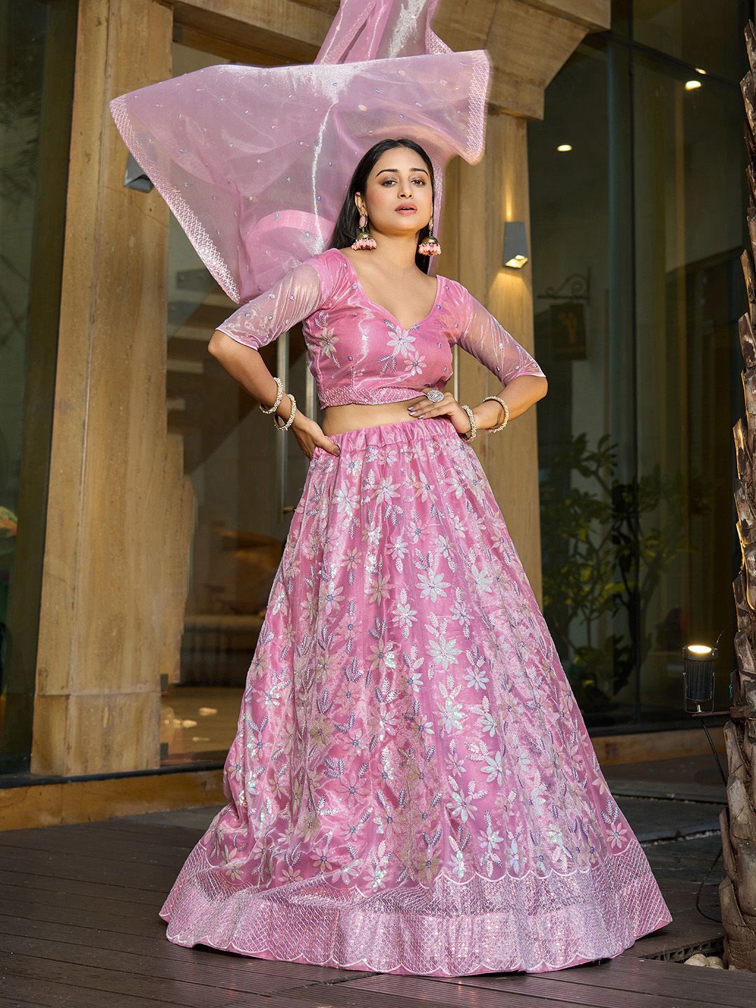 

Warthy Ent Embroidered Sequinned Semi-Stitched Lehenga & Unstitched Blouse With Dupatta, Pink