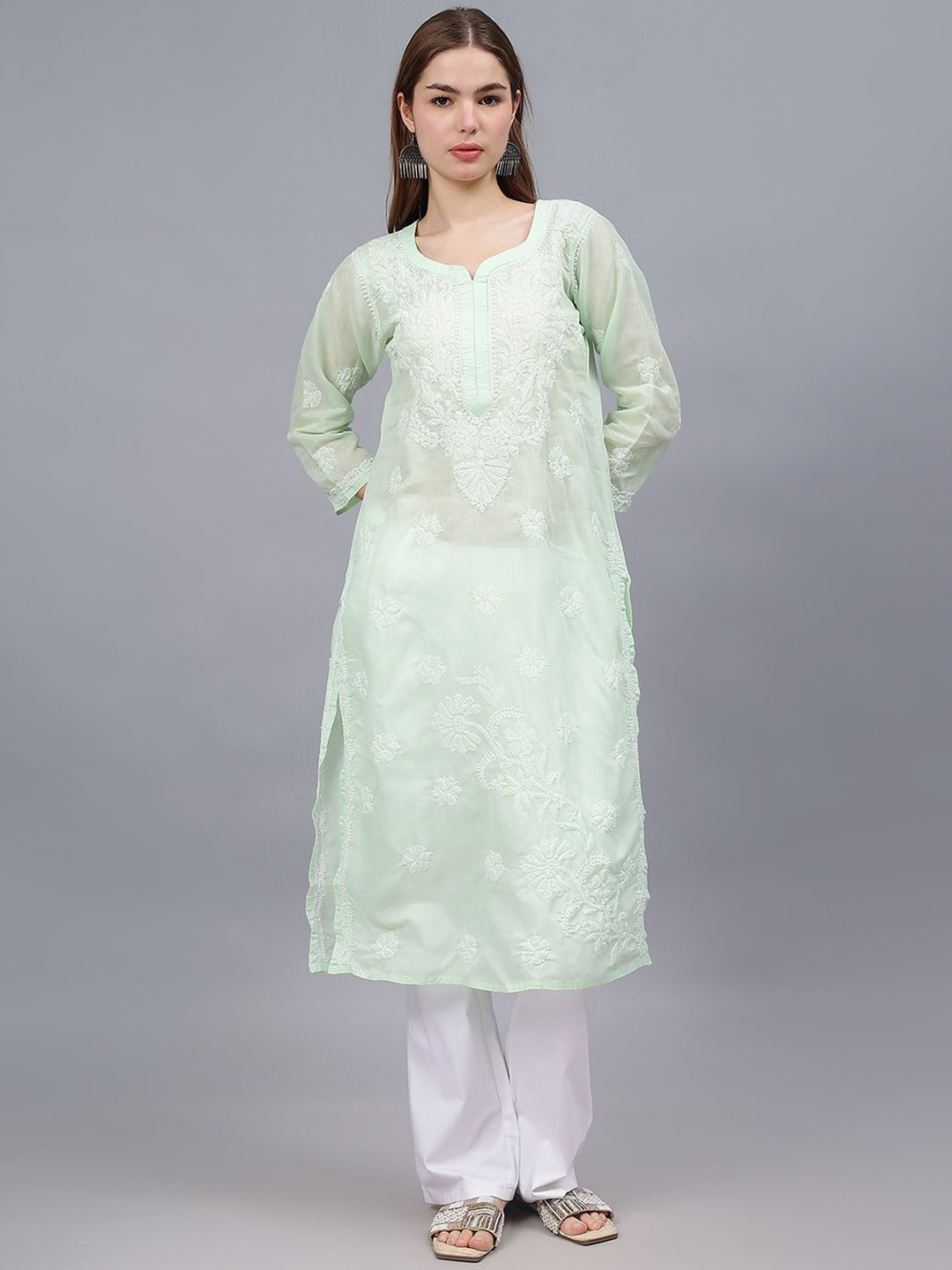 

Seva Chikan Ethnic Motifs Embroidered Chikankari Cotton Straight Kurta, Green