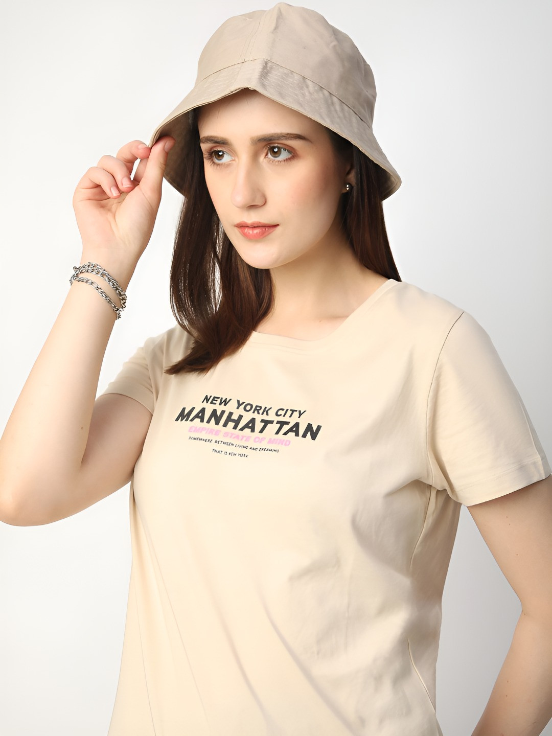 

R&B Women Typography Printed Round Neck Cotton T-Shirt, Beige