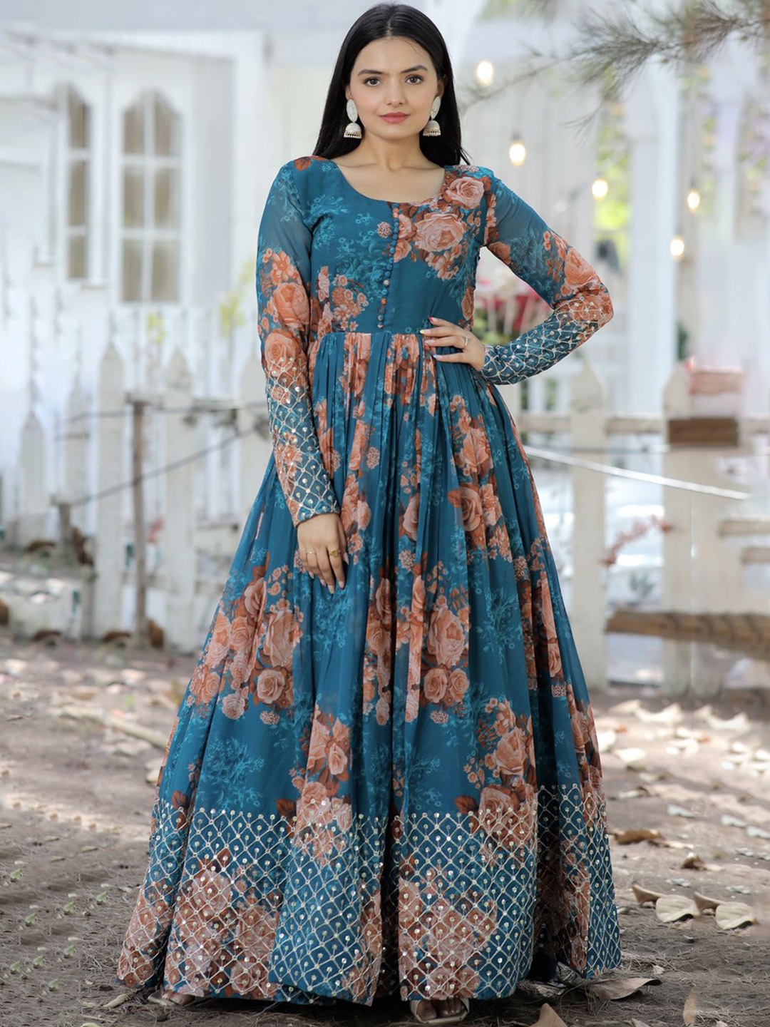 

Fashionuma Floral Printed Round Neck Sequined Embroidery Gowns, Blue