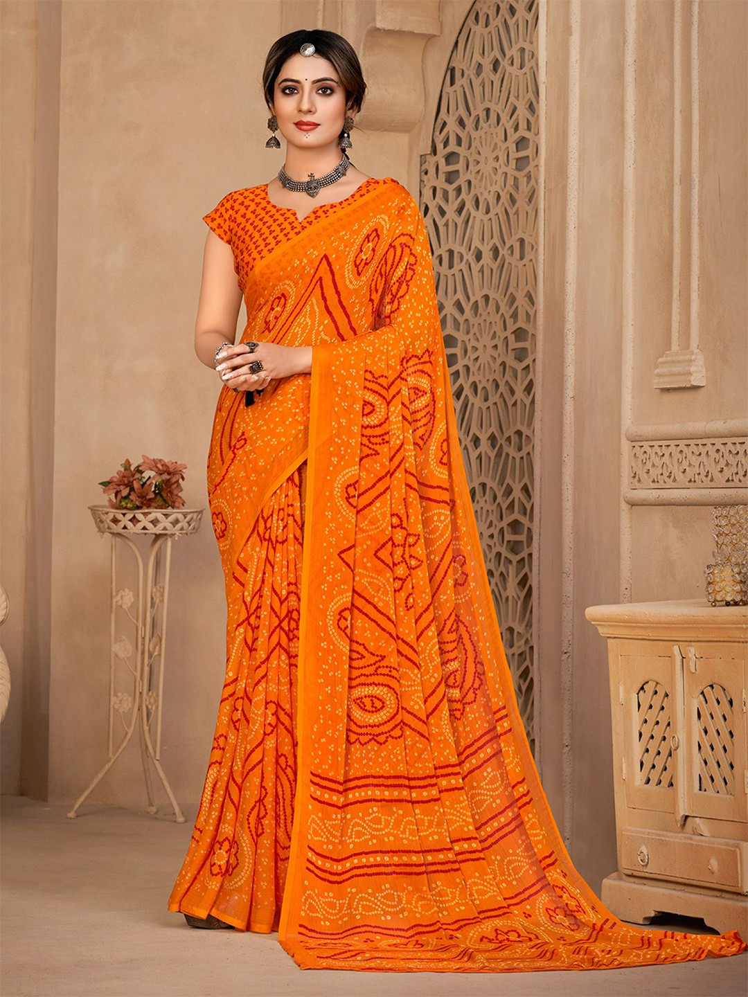 

Panzora Ethnic Motifs Poly Chiffon Designer Saree, Orange