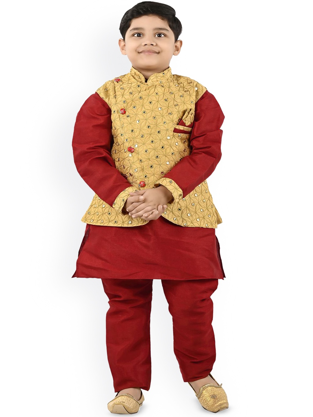 

BAESD Boys Floral Embroidered Regular Mirror Work Kurta with Pyjamas, Maroon