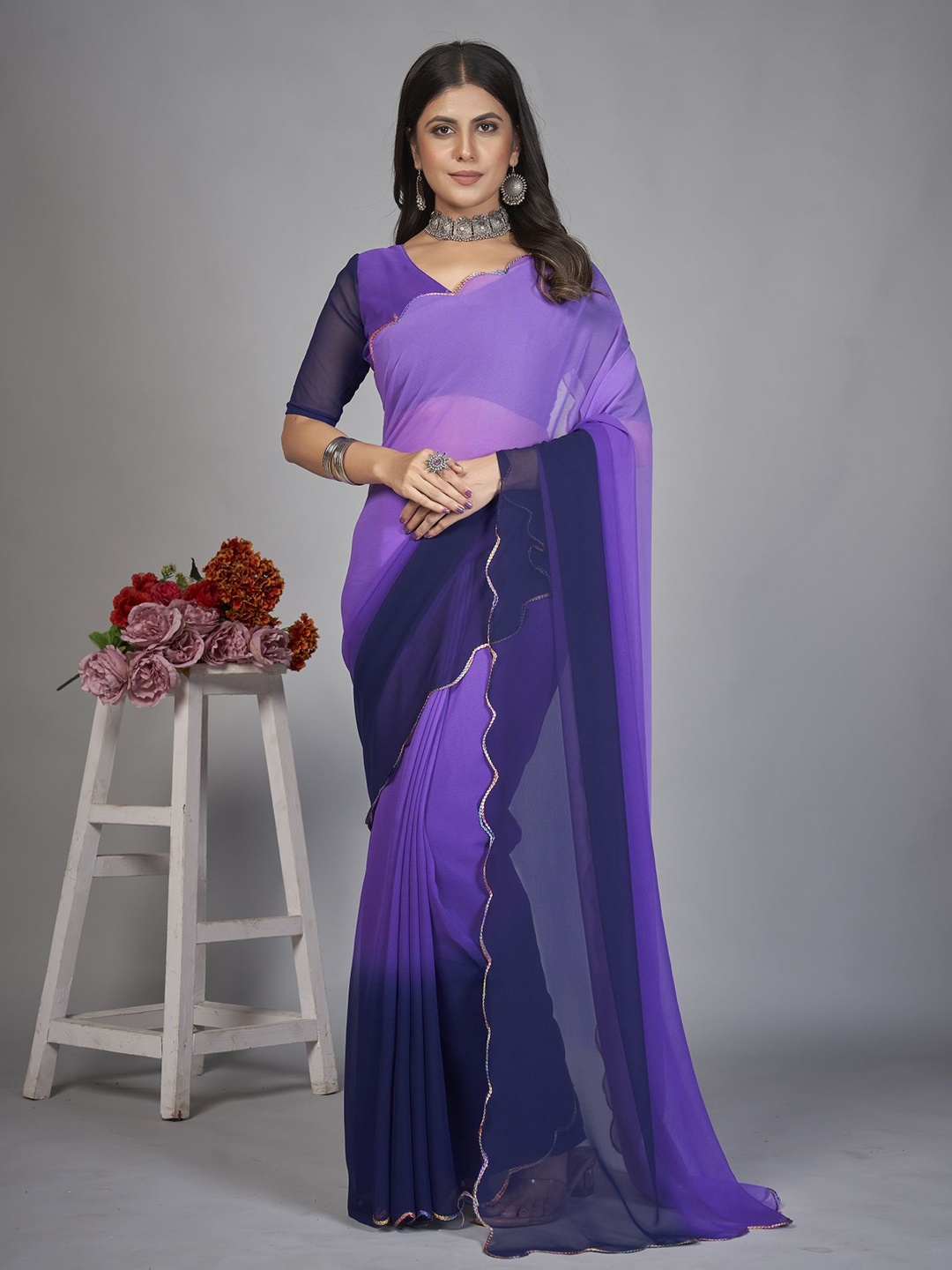 

Aika Ombre Printed Pure Georgette Half and Half Saree, Purple