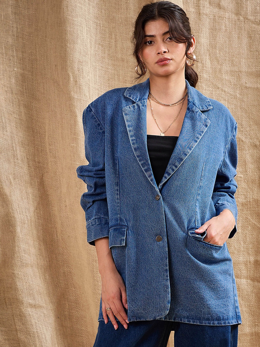 

SASSAFRAS Denim Oversized Single Breasted Blazer, Blue