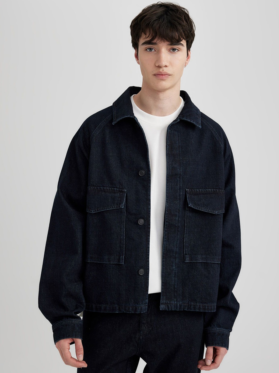 

DeFacto Men Washed Checked Longline Denim Jacket, Na