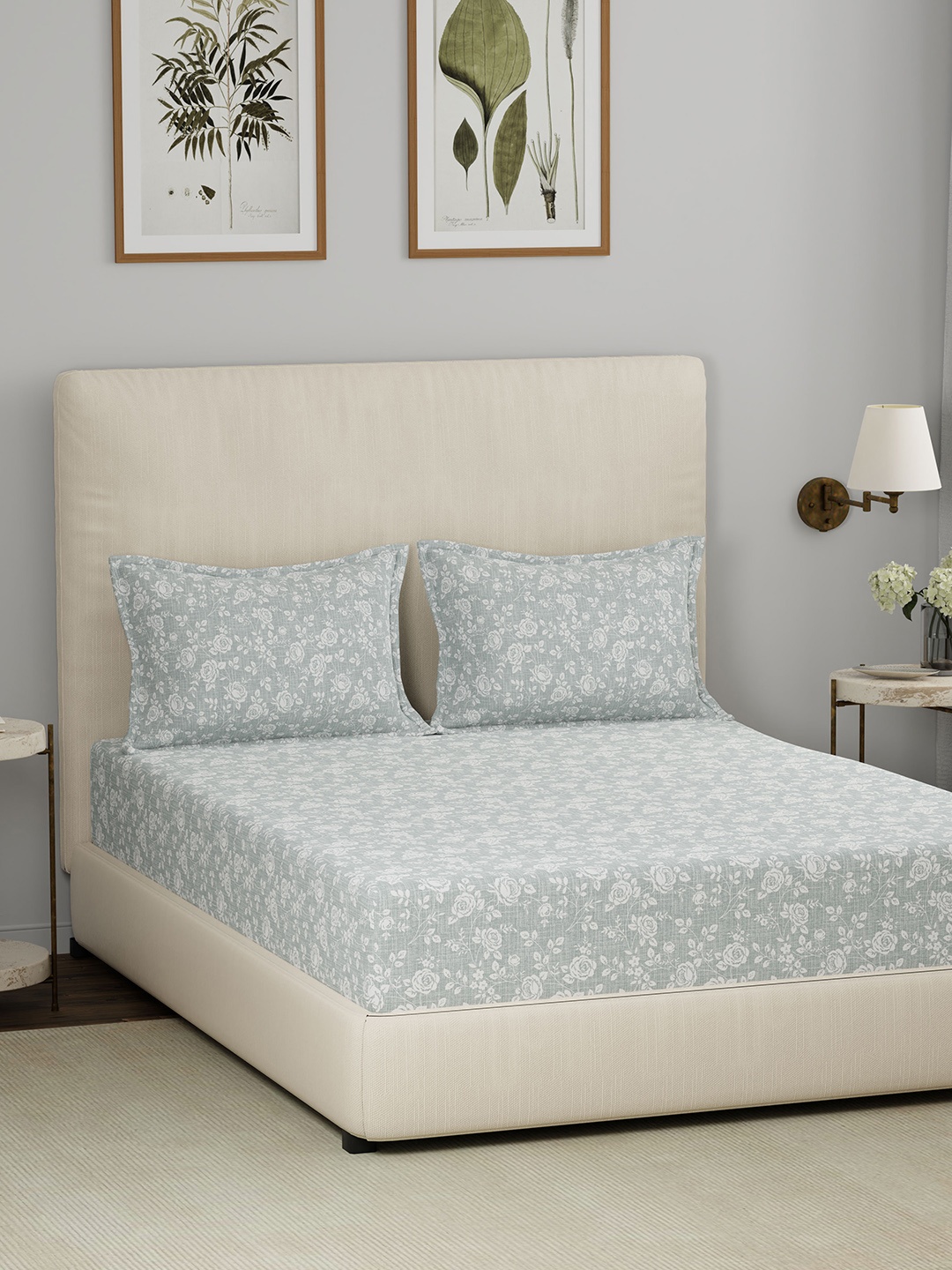 

MASPAR Eclectic Garden Floral Printed 144 TC Cotton King Bedsheet & Pillow Cover, Green