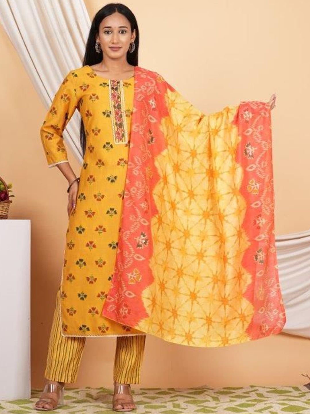 

ZOYOTO Floral Printed Regular Thread Work Kurta With Trousers & Dupatta, Mustard