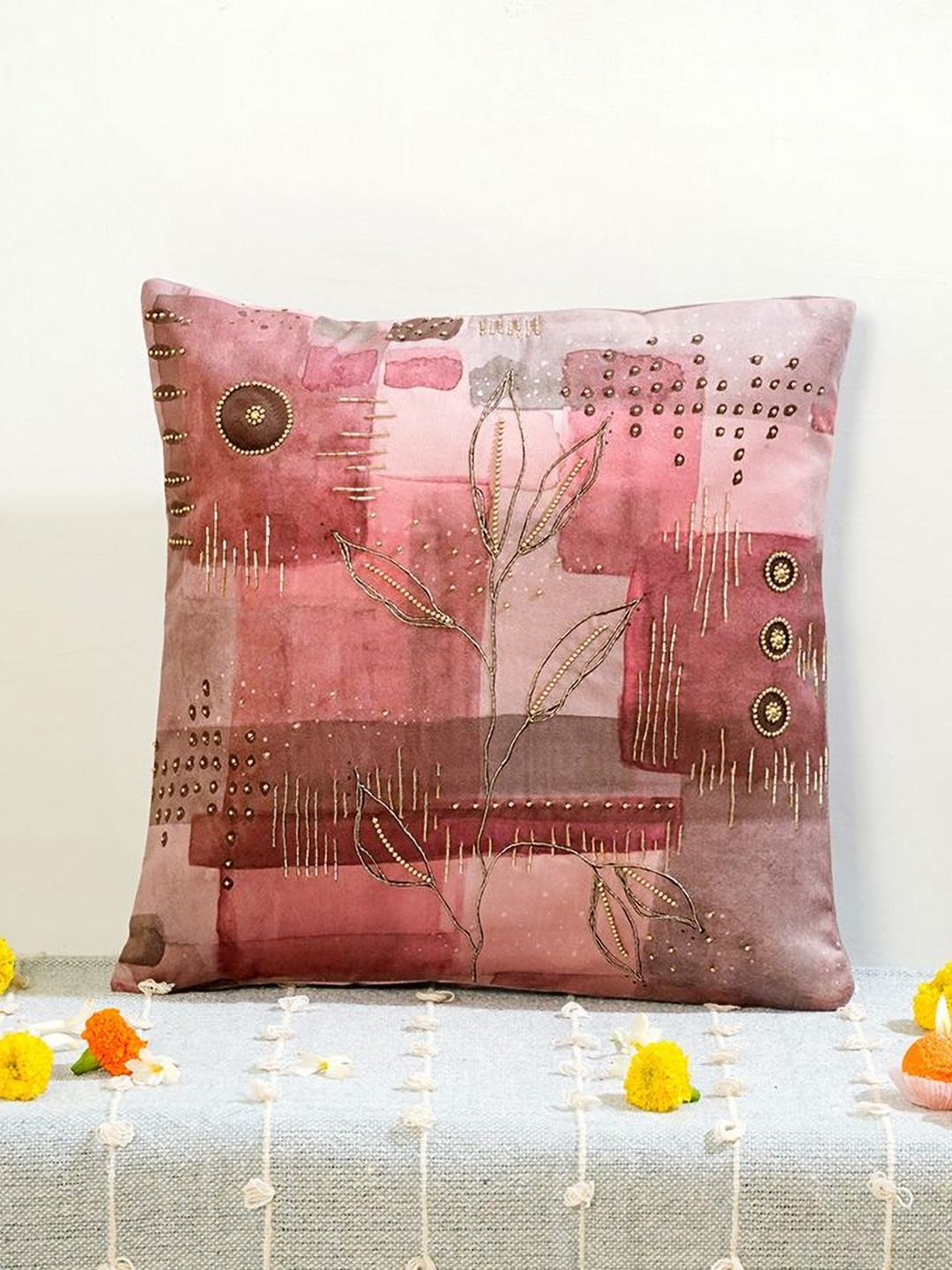 

Mid July Home Pink & Grey Geometric Embellished Velvet Square Cushion Cover