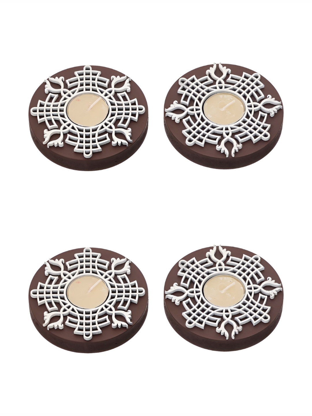 

eCraftIndia Brown & White 4 Pieces Textured Wooden Tea Light Candle Holders